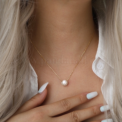 925 серебряное ожерелье с круглым кулоном из чистого прозрачного кубического циркония и натурального пресноводного жемчуга для женщин NJEW-D323-01G-1