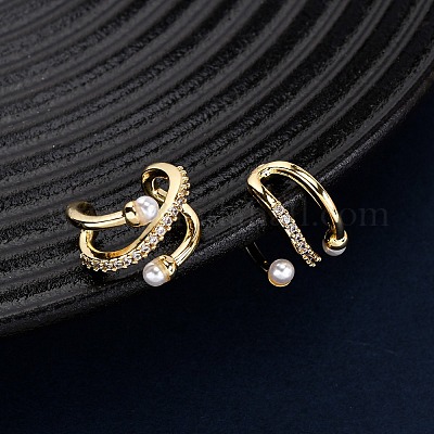 Серьги-каффы в форме буквы С с микропаве из прозрачного кубического циркония из латуни&nbsp;LS-EJEW-D328-08G-1