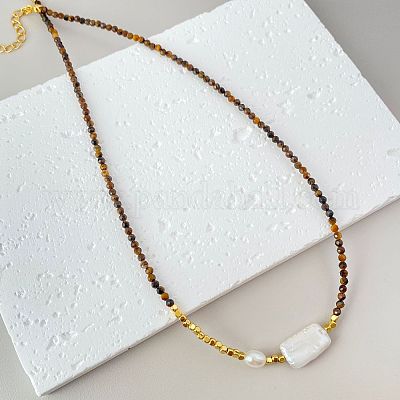 天然石タイガーアイビーズネックレス バロック淡水真珠長方形 天然石タイガーアイビーズネックレス バロック淡水真珠長方形