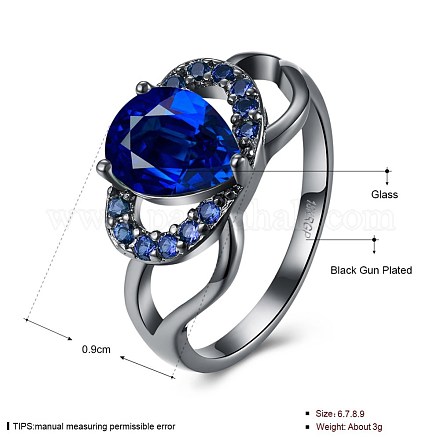 婚約指輪  真鍮のガラスの指指輪  サイズ7  ブルー  ガンメタ色  17.3mm RJEW-BB20332-C-7-1