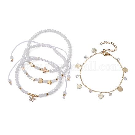 4Pcs 4 Style Glass & Brass Moon & Star Braided Bead Bracelets Set BJEW-JB09640-1