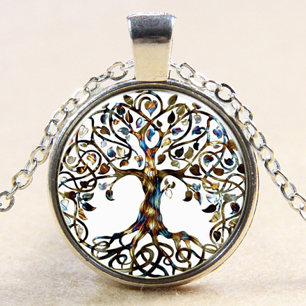 Tree Of Life Pattern Flat Round Glass Pendant Necklaces NJEW-N0051-048O-02-1