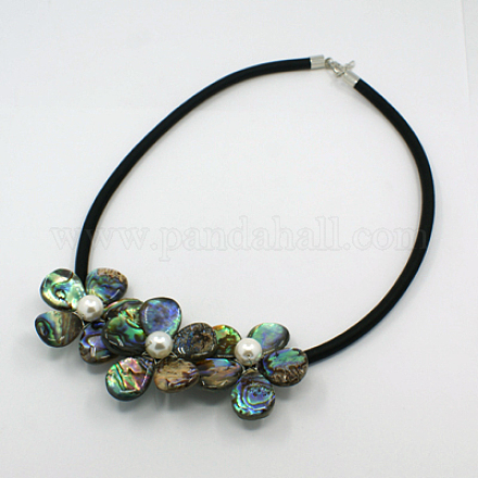Paua Shell/Abalone Shell Flower Bib Statement Necklaces NJEW-J006-02-1