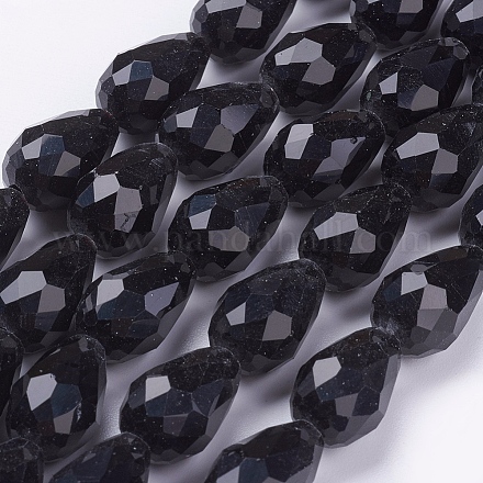 Hebras de cuentas de lágrima de vidrio facetado negro X-GLAA-E010-10x15mm-17-1