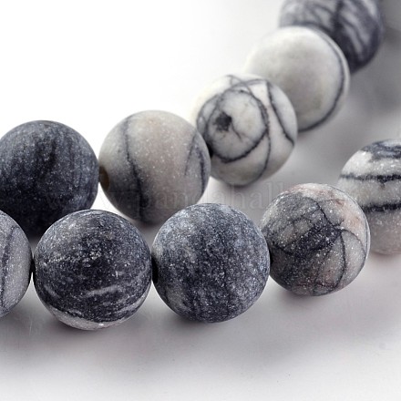 Frosted Natural Black Silk Stone/Netstone Round Beads Strands G-E330-8mm-04-1