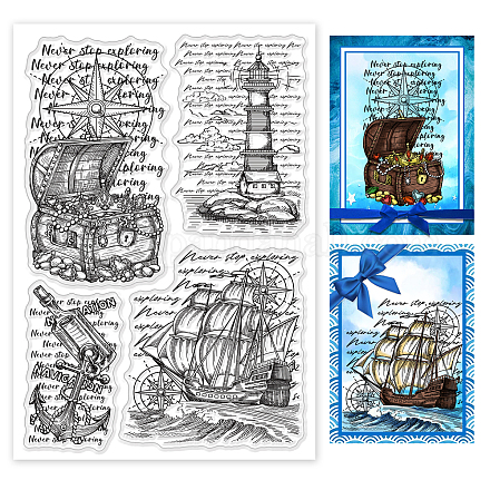 GLOBLELAND Nautical Background Clear Stamps Retro Ocean Treasure Chest Lighthouse Sailboat Silicone Clear Stamp Seals for Cards Making DIY Scrapbooking Photo Journal Album Decoration DIY-WH0167-56-1148-1
