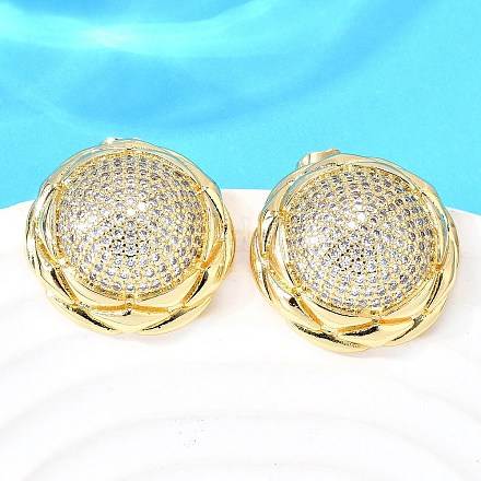 Латунные плоские круглые серьги-гвоздики с прозрачным кубическим цирконием EJEW-C147-06G-1