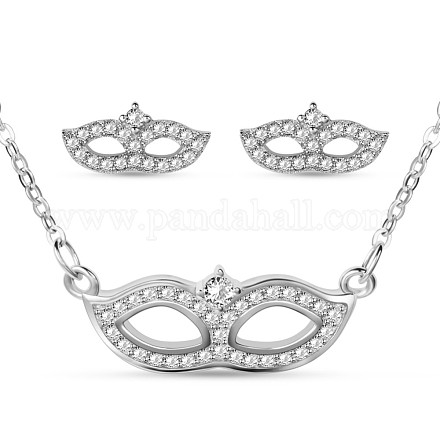 TINYSAND 925 Sterling Silver Cubic Zirconia Masquerade Mask Pendant Necklace and Ear Stud Jewelry Set TS-N-E371-S-1