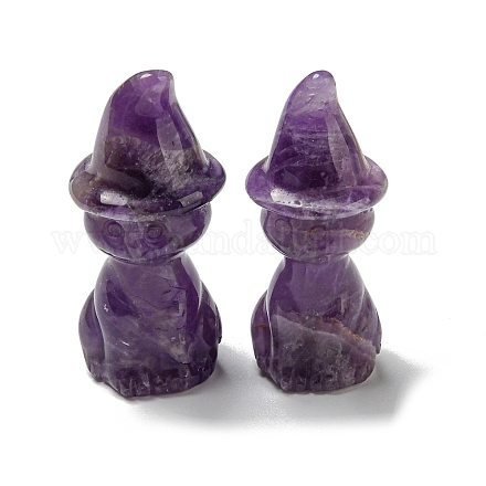Natural Amethyst Carved Healing Cat with Witch Hat Figurines DJEW-D012-07C-1