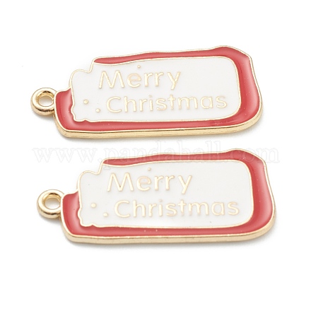 合金エナメルチャーム  クリスマスのために  ライトゴールドメッキ  単語メリークリスマスと四角形  ホワイト  28.5x13.5x1mm  穴：1mm ENAM-J649-32LG-A-1
