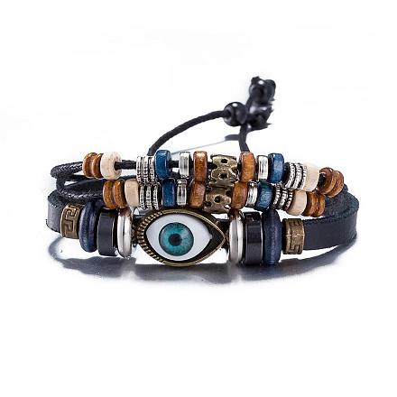 Design oeil réglable en cuir unisexe bracelets multi-brins BJEW-BB15543-B-1