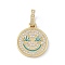 Brass Micro Pave Cubic Zirconia Pendants, Enamel Style, Cadmium Free & Lead Free, Flat Round with Smiling Face, Golden, Medium Turquoise, 21x18x2mm, Hole: 7x4mm