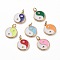 Brass Micro Pave Clear Cubic Zirconia Pendants, with Enamel & Jump Rings, Flat Round with Yin Yang, Real 18K Gold Plated, Mixed Color, 15x12.5x2mm, Jump Ring: 5x1mm, 3mm Inner Diameter