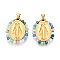 304 Stainless Steel Pendants, Oval with Virgin Mary, with Glass Beads, Ion Plating(IP), Real 18K Gold Plated, Faceted, Dark Sea Green, 29x23x4mm, Hole: 5x3.5mm