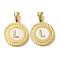 Ion Plating(IP) 304 Stainless Steel Pendants, Flat Round Shell Charms with Letter, Golden, Letter L, 20.5x17.5x1.5mm, Hole: 2.5x4.5mm