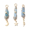 3Pcs 3 Styles Electroplated Natural Quartz Crystal Nuggets Copper Wire Wrapped Pendants, with Brass Moon Star Lightning Bolt, Light Gold, Sky Blue, 43.5~46x7.5~13.5x8~10mm, Hole: 3.5mm, 1pc/style