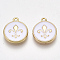 Brass Charms, with Enamel, Flat Round with  Fleur De Lis, Creamy White, Nickel Free, Real 18K Gold Plated, 14x12x2mm, Hole: 1.2mm