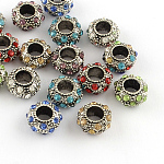 Plateado rondelle plata antigua abalorios europeos de metal de rhinestone de aleación, Abalorios de grande agujero, color mezclado, 11~12x6mm, agujero: 5 mm