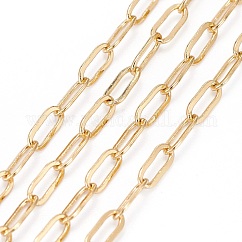 Chaînes trombones en laiton soudé, Ovale Plat, chaînes de câble allongées étirées, Plaqué longue durée, avec bobine, véritable 18k plaqué or, 6x2.5~3x0.5mm, environ 16.4 pied (5 m)/rouleau