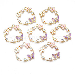 Acumular colgantes de esmalte de la aleación de chapado, con el cristal ab rhinestone, Sin cadmio y níque y plomo, la luz de oro, flor de mariposa, púrpura medio, 28x28x3mm, agujero: 1.8 mm