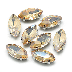 Coudre sur strass, liens multi-brins, Strass en verre, avec supports de griffes en laiton de ton platine, accessoires de vêtements, facette, oeil de cheval, verge d'or pale, 12x6x4.5mm, Trou: 0.8~1mm