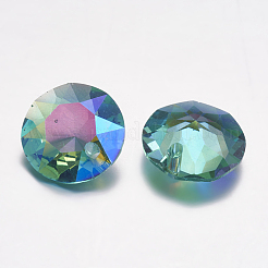 カット加工ガラスラインストーンチャーム  模造オーストリアのクリスタル  フラットラウンド  アクアマリン  10x5mm  穴：1.2mm&nbsp;RGLA-F051-10mm-202PS