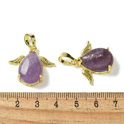 天然石アメジストペンダント  金色の真鍮の羽根が付いたティアドロップチャーム  ラックめっき  カドミウムフリー＆鉛フリー  22.5x24.5x9mm  穴：7.5x4.5mm&nbsp;KK-F888-01G-19