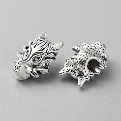 チベット風合金ビーズ  オオカミの頭部  アンティークシルバー  18x13x10mm  穴：3mm&nbsp;TIBEB-WH0002-05AS