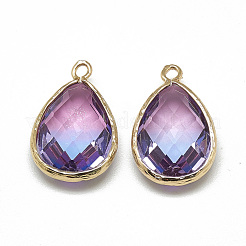 ガラスチャーム  ゴールデントーン真鍮パーツ  多面カット  ティアドロップ  ライトスカイブルー  23x15x7mm  穴：1.5~2mm&nbsp;X-GLAA-Q068-12A-01