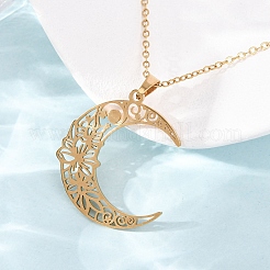 Colliers à pendentif lune et fleur creuse en acier inoxydable 304&nbsp;NJEW-K308-01A-G