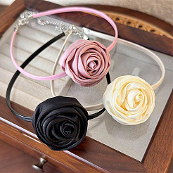 1pc stoff französisch rose blume anhänger pu leder halsband frauen halsketten&nbsp;NJEW-CL0001-06C