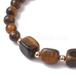 Cubo naturale di occhio di tigre e braccialetti elasticizzati con perline rotonde&nbsp;BJEW-JB10807-03