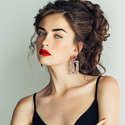 3 пара двухцветных сережек-гвоздиков с ажурными прямоугольными подвесками и стразами EJEW-FI0001-12