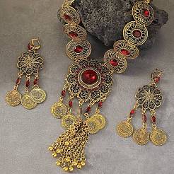 Комплекты ожерелий и серег-колец из цинкового сплава и стекла в стиле «Цветочная Богемия» FS-WGA974D-05