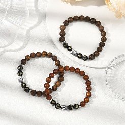 3 шт. круглые деревянные и натуральные обсидиановые резные бусины с мотивом Ом Мани Падме Хум&nbsp;BJEW-JB12670