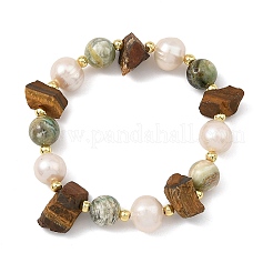 Bracelets extensibles en œil de tigre naturel brut et jaspe vert rond à lignes&nbsp;BJEW-JB14287-02
