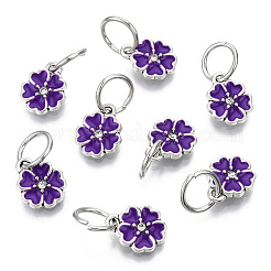 エナメル風の花の合金ラインストーンチャーム  鉄パーツ  アンティークシルバー  インディゴ  13.5x11x3mm  穴：6mm&nbsp;ENAM-S085-04