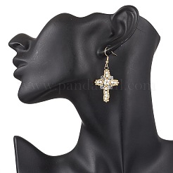 Boucles d'oreilles pendantes en forme de croix en acier inoxydable 304 avec graines de verre&nbsp;EJEW-MZ00506-01