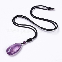 女性用ナイロンコード付き天然アメジストペンダントネックレス  ティアドロップ  15.39~15.75インチ（39.1~40cm）&nbsp;G-G993-C01