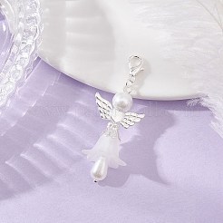 8個 8色 フロストアクリル&ガラスパールフラワーエンジェルペンダントデコレーション  合金製のハート型の羽根とロブスターの爪の留め具付き  ミックスカラー  銀  55mm  1pc /カラー&nbsp;HJEW-JM03490