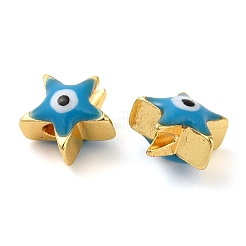 金色のトーン真鍮エナメルビーズ  カドミウムフリー＆鉛フリー  長持ちメッキ  ナザールボンジュウ付きスター  ディープスカイブルー  8x8x5mm  穴：1.4mm&nbsp;KK-E048-03G-06