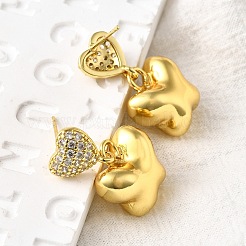 Висячие серьги-гвоздики с сердцем и бабочкой из латуни с микропаве из прозрачных кубических цирконий&nbsp;EJEW-Z099-01G