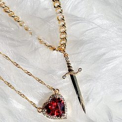 2 collier double couche avec pendentif en strass siam clair en alliage de zinc et épée et cœur pour femme&nbsp;FS-WG484C5-01