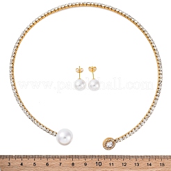 Круглые пластиковые серьги-гвоздики с имитацией жемчуга и комплекты колье-чокеров с кубическим цирконием и стразами SJEW-U003-03G