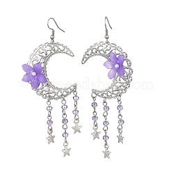 2 пара серег-подвесок из сплава и железа в форме луны с цветком EJEW-JE06766