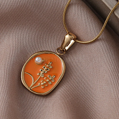 Женские ожерелья с подвеской в виде цветка из хирургической нержавеющей стали 316 с эмалью и искусственным жемчугом&nbsp;JX9312