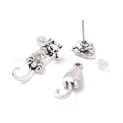 女性用合金猫フロントバックスタッドピアス  アンティークシルバー  25mm  ピン：0.7mm&nbsp;EJEW-G323-01AS