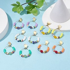 5個5色の天然宝石とポリマークレイビーズの大きなリングダングルスタッドピアス  女性用真鍮ドロップピアス  ミックスカラー  47mm  ピン：0.7mm  1ペア/カラー&nbsp;EJEW-TA00075