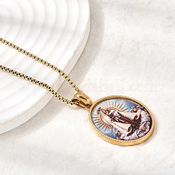 Collane unisex religiose in acciaio inossidabile 304 smaltato con ciondolo ovale e catena a scatola&nbsp;STAS-H258-02G-02