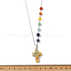Chakra natural loco ágata religión cruz colgante collares de cadena de cable de acero inoxidable 304 para mujer&nbsp;NJEW-JN06268-02